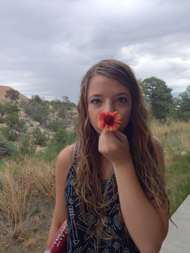 My daughter outside our hotel in Los Alamos one morning.